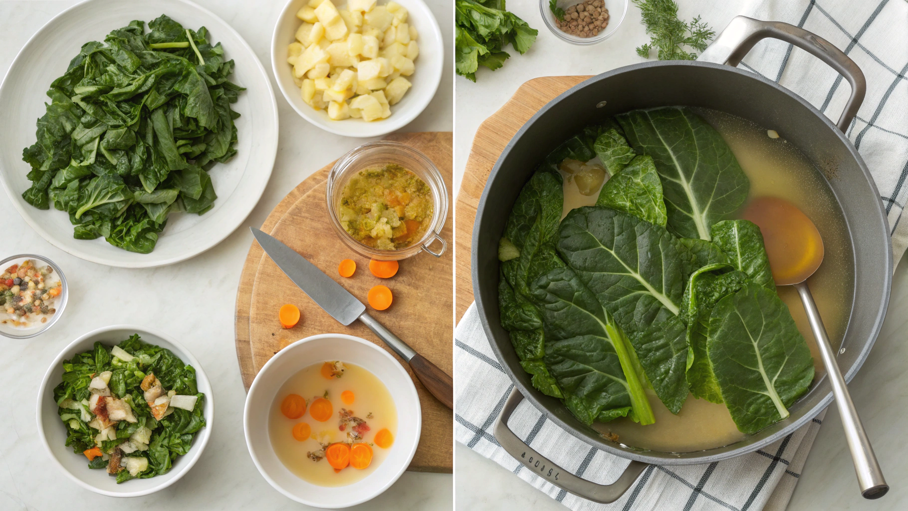 Collard Greens Braised with Vegetable Broth Preparing collard greens by removing stems