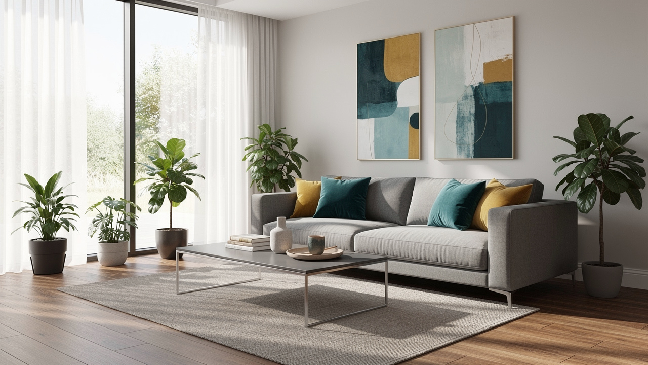 Virtually staged modern living room interior