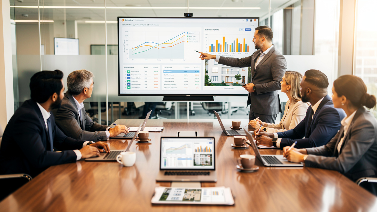 Real estate agent consulting with clients using data