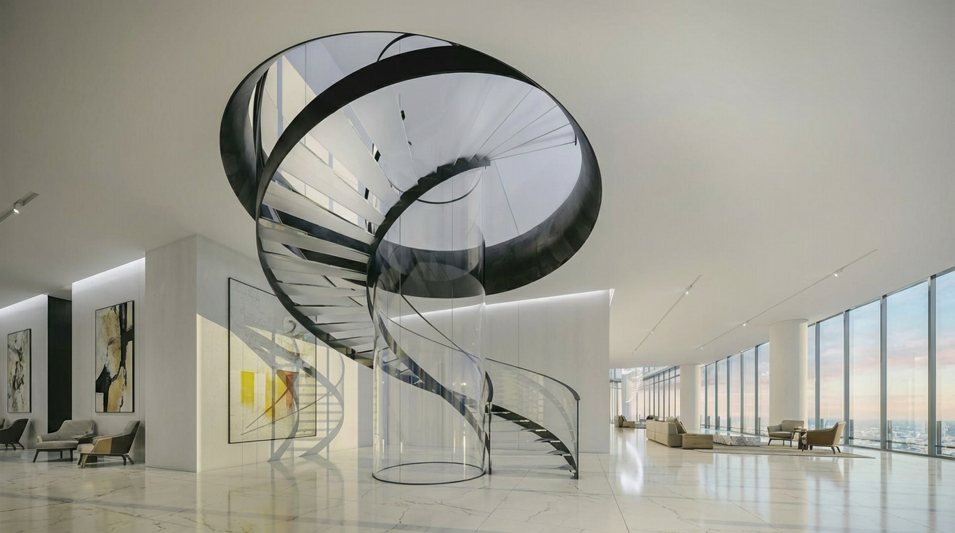 This interior shot showcases a modern, luxurious hallway featuring a striking spiral staircase with a clear cylindrical core and dark metal accents. The staircase is the focal point, complemented by the bright, open space with marble flooring and minimalist decor. The perspective is from a low angle, emphasizing the height and grandeur of the staircase and the surrounding area.