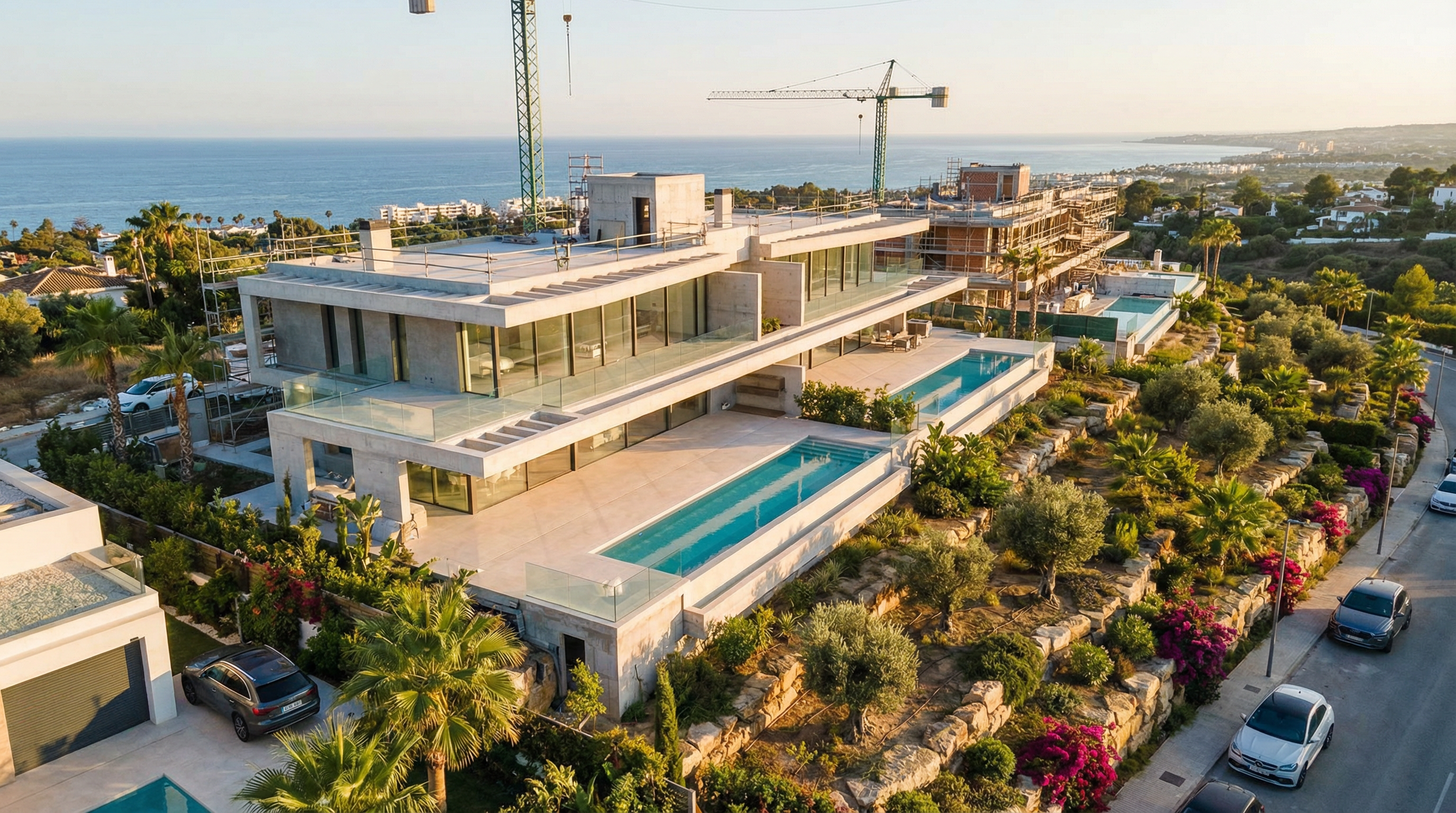 A panoramic view of a contemporary off-plan property development in Costa del Sol, highlighting modern architecture amidst lush Mediterranean landscaping.
