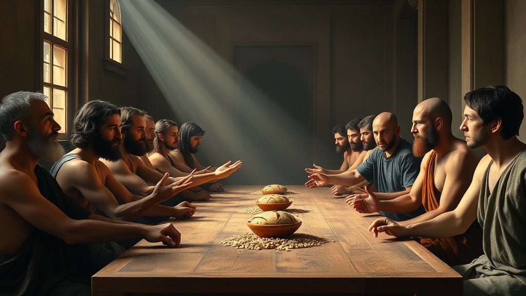 Allegorical scene of hands passing loaves