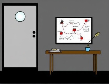 a-door-with-a-light-a-table-and-a-map-c5brt57t1x