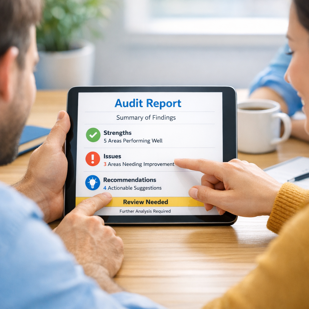 A clean, photorealistic mid-shot of a small team in a bright conference room reviewing a short audit report on a tablet. T...