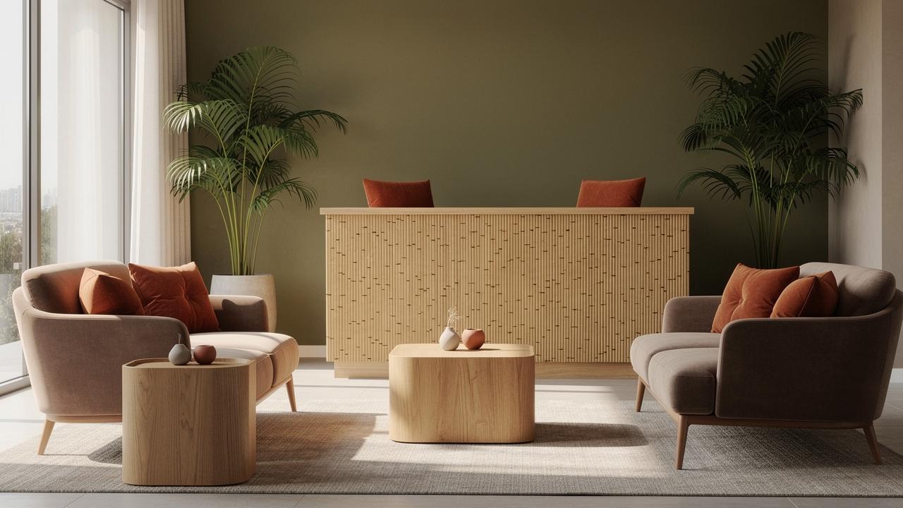 Nature-inspired salon waiting area with earth tones and plants