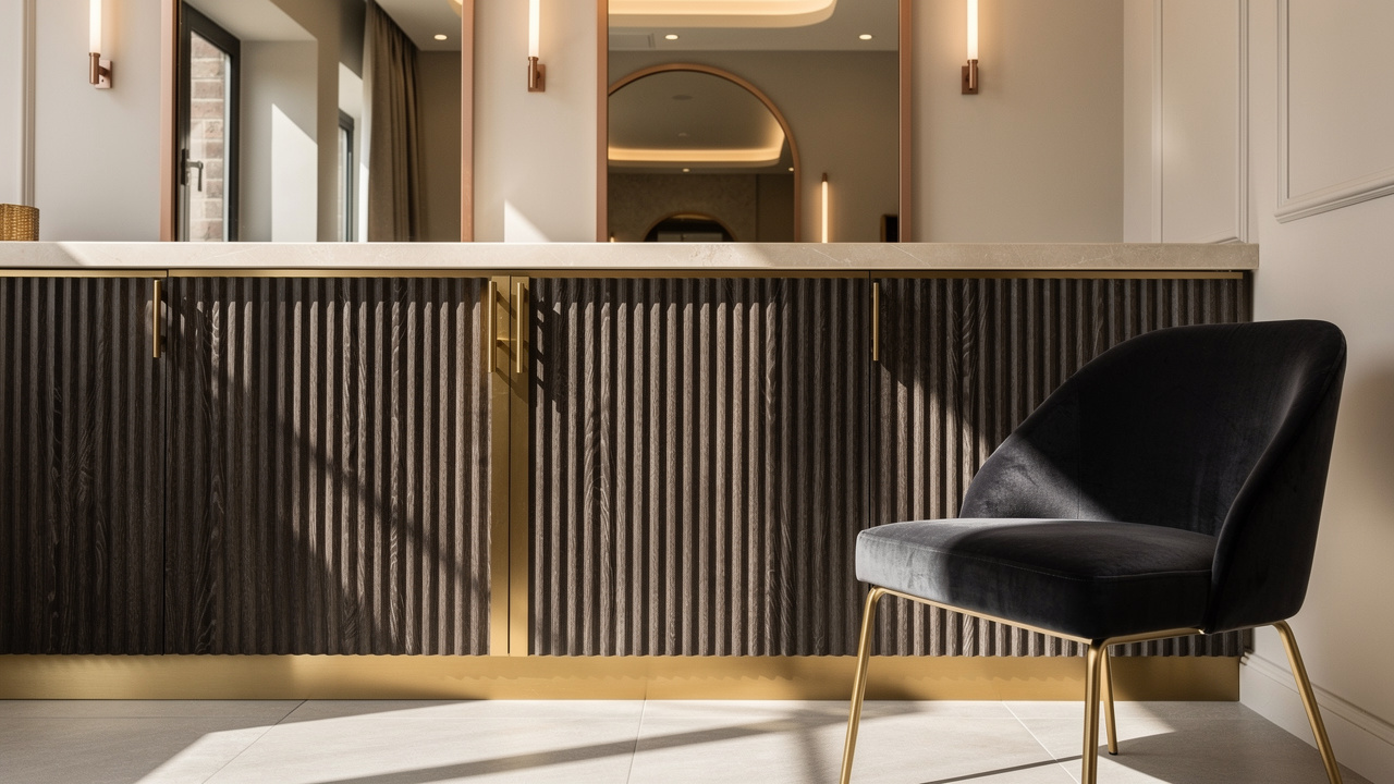 Luxurious salon reception with brass accents and refined textures