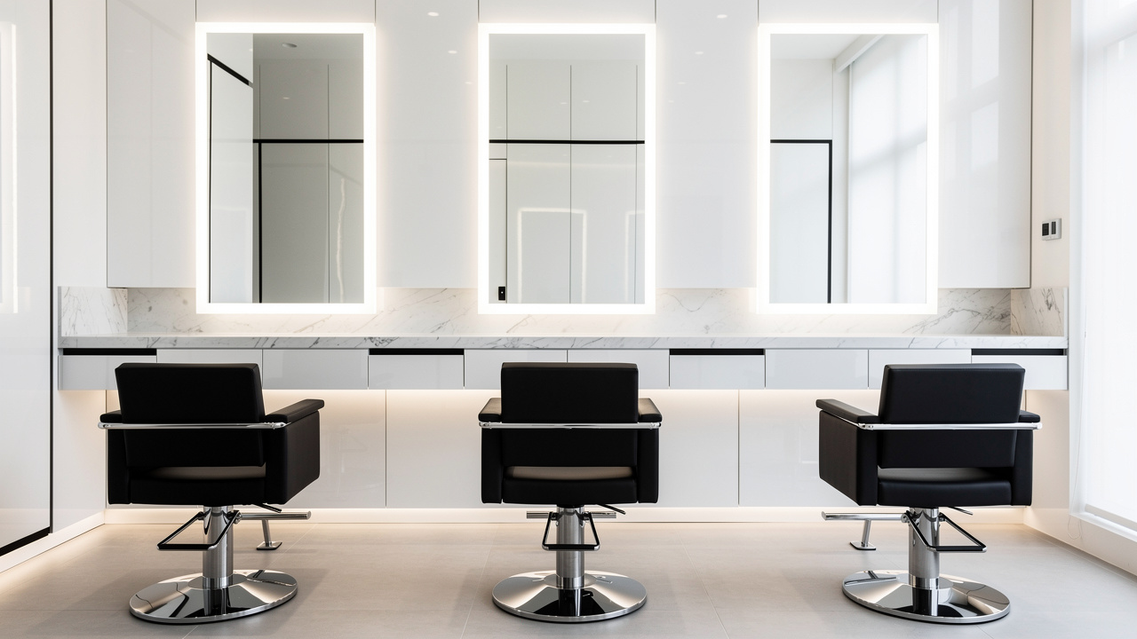 Clean minimalist salon with high-tech LED lighting and sleek furniture