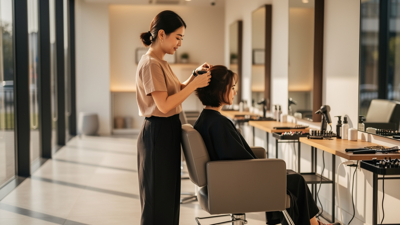 Stylist demonstrating proper ergonomic posture with adjustable chair