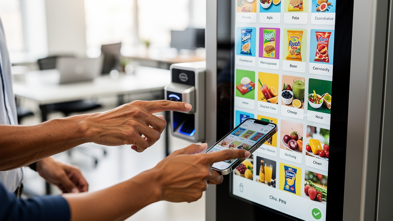 Employee using mobile payment at smart vending machine
