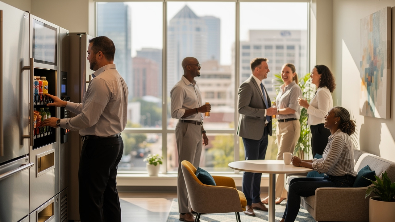 Atlanta employees relaxing together in modern breakroom