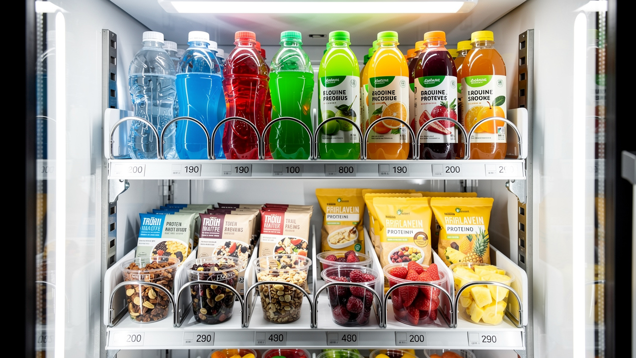 Vending machine stocked with healthy snacks and beverages