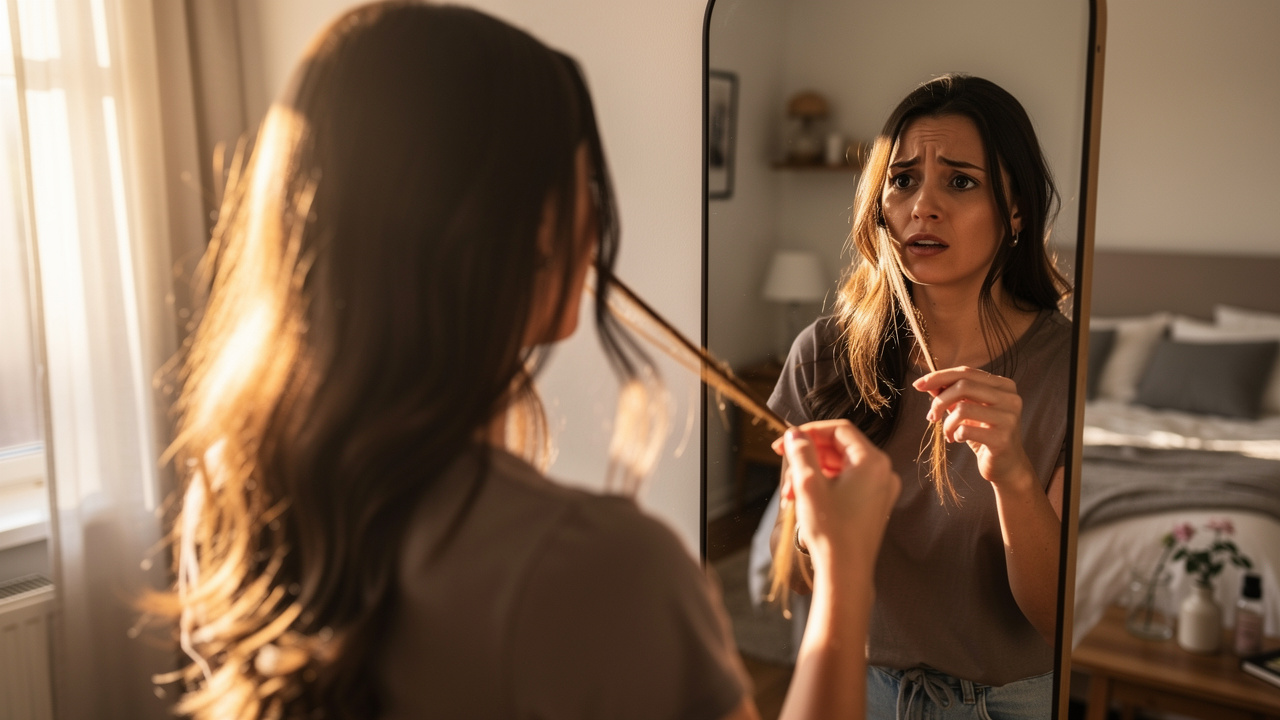 How Often Should I Get a Haircut? A Real-World Guide Woman checking her hair condition in mirror