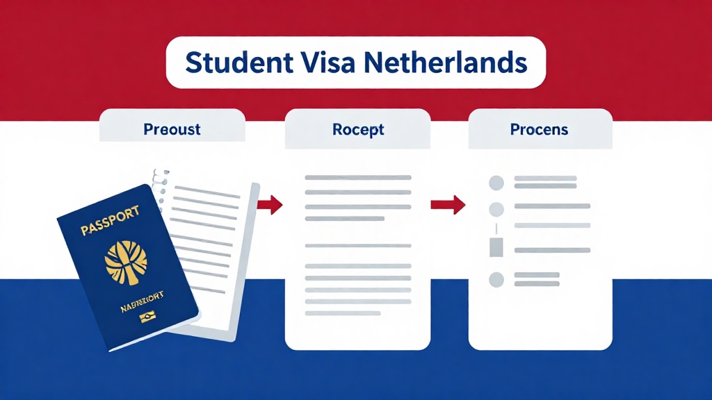 荷蘭學生簽證申請流程視覺化圖解，展示護照、文件與荷蘭國旗配色的行政概念圖