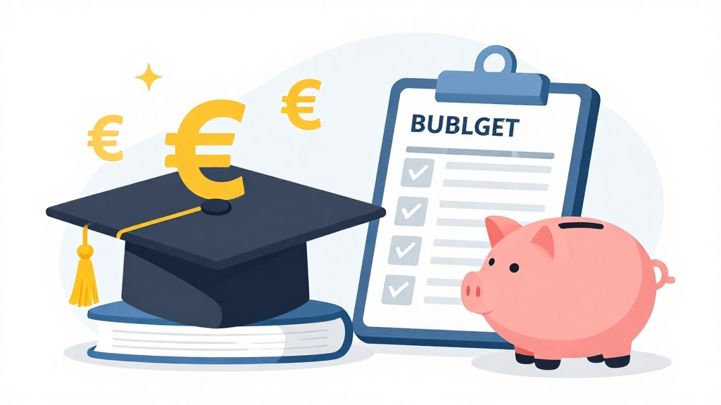 荷蘭留學獎學金與財務規劃概念圖，展示畢業帽、歐元符號、預算計算機與存錢筒的專業視覺設計