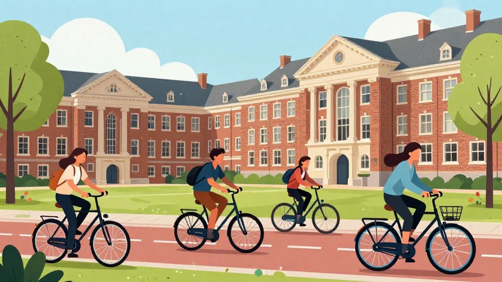 荷蘭學生騎自行車穿越歷史悠久的城市中心前往大學校園，展現荷蘭典型的通勤文化與友善的自行車道系統