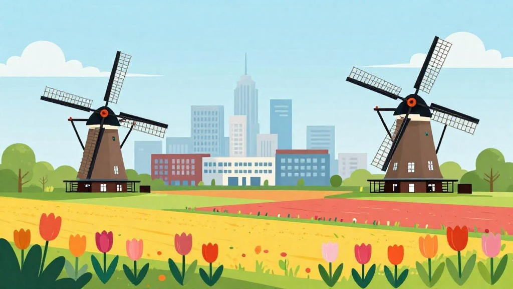 荷蘭留學概覽圖，展示風車、鬱金香田與現代化大學建築的結合，象徵傳統與創新並存的荷蘭高等教育環境