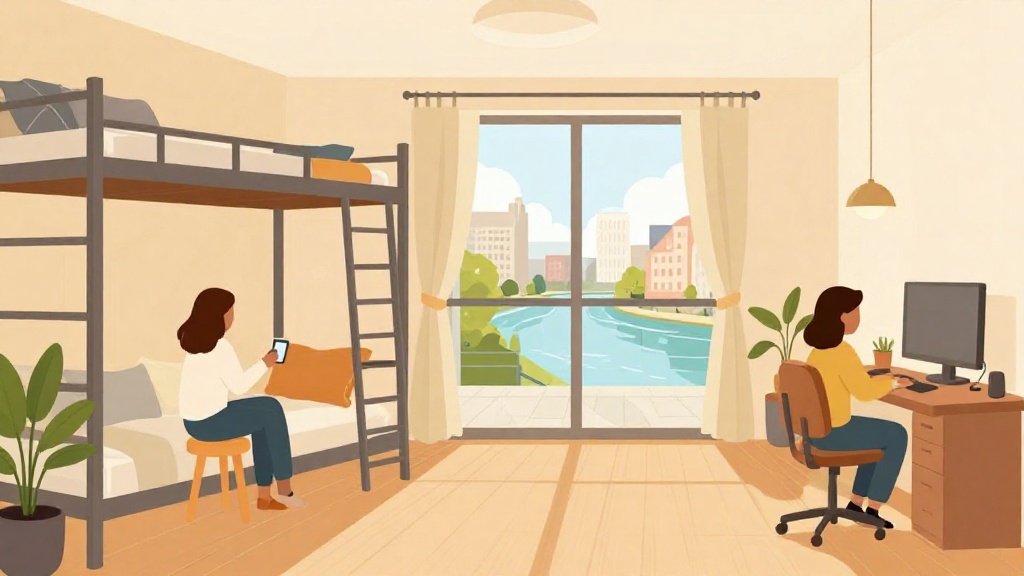 荷蘭學生公寓內部溫馨場景，舒適的共享房間，窗外運河景致，現代家具與國際學生生活氛圍