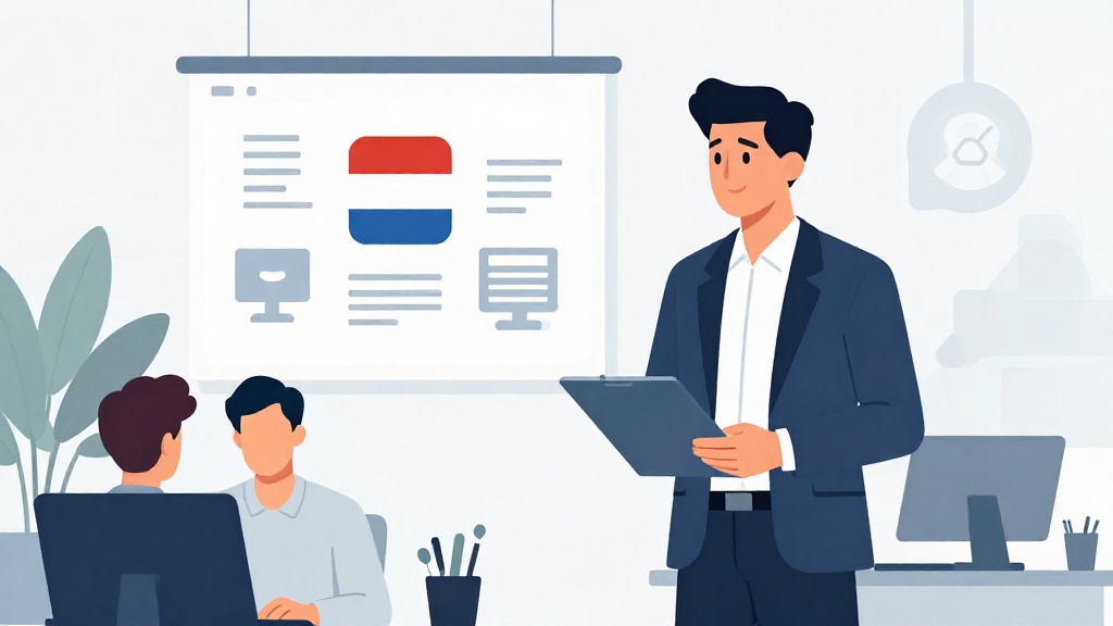 荷蘭職場發展機會視覺圖，年輕畢業生身著商務服裝在現代化荷蘭辦公環境中，象徵科技創新與職涯發展主題