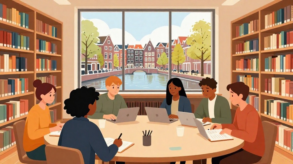 國際學生在荷蘭現代化大學圖書館內協作學習，窗外可見阿姆斯特丹運河景致，展現多元文化學習環境