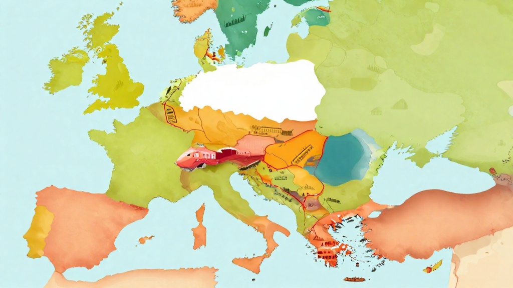 波蘭歐洲中心位置圖:地圖展示波蘭與鄰國連結、火車路線及旅行路徑,文化地標剪影,鮮豔色彩,探索與機會主題橫幅設計