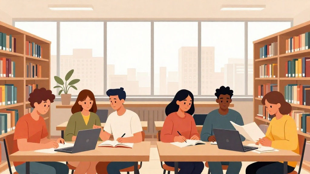 波蘭大學圖書館學習場景:歐洲學生在現代波蘭大學圖書館協作學習,多元小組合作,書籍與筆記型電腦,華沙城市景觀窗景,當代簡約風格,溫暖學術氛圍橫幅