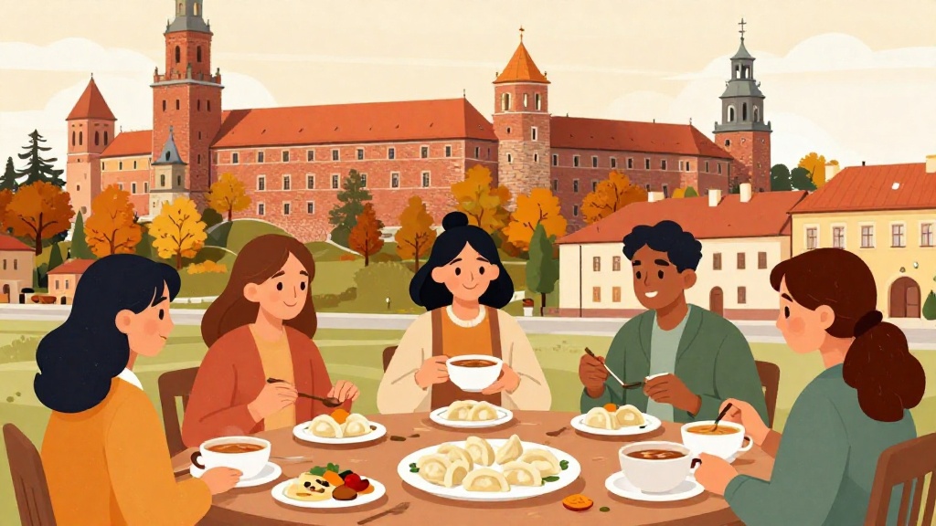 波蘭文化體驗插圖:國際學生體驗波蘭文化,傳統波蘭餃子美食、歷史瓦維爾城堡、秋季色彩、學生探索老城,文化沉浸主題,溫暖色調橫幅