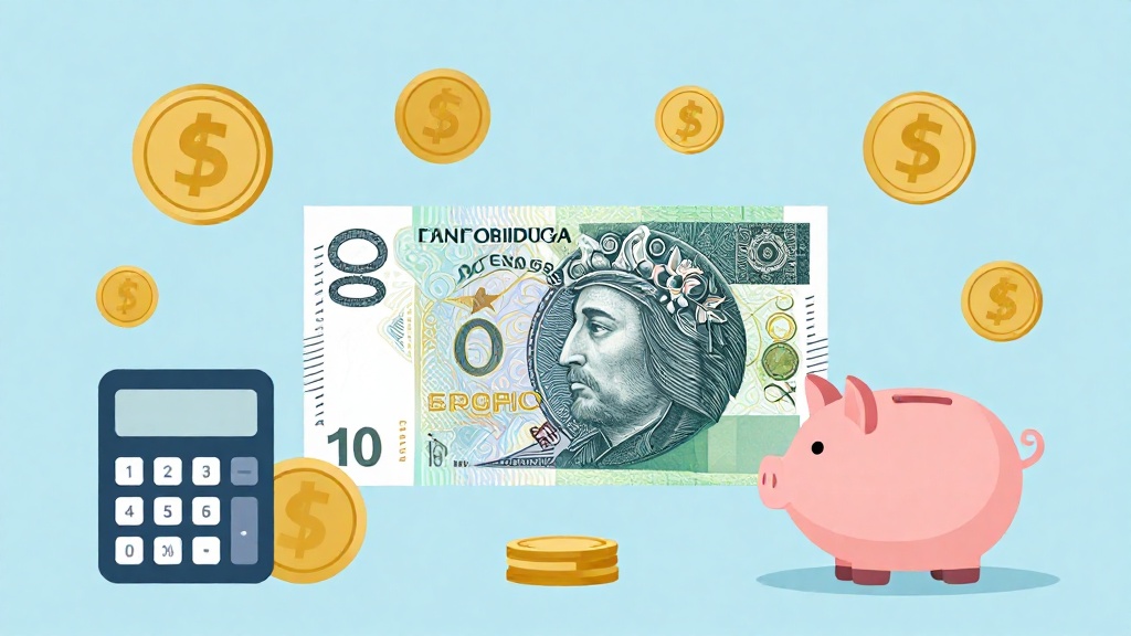 波蘭留學費用概念圖:展示波蘭茲羅提貨幣、學生預算規劃,包含硬幣紙鈔與教育圖示、計算機和撲滿,平價教育主題,簡潔幾何設計,藍金配色橫幅