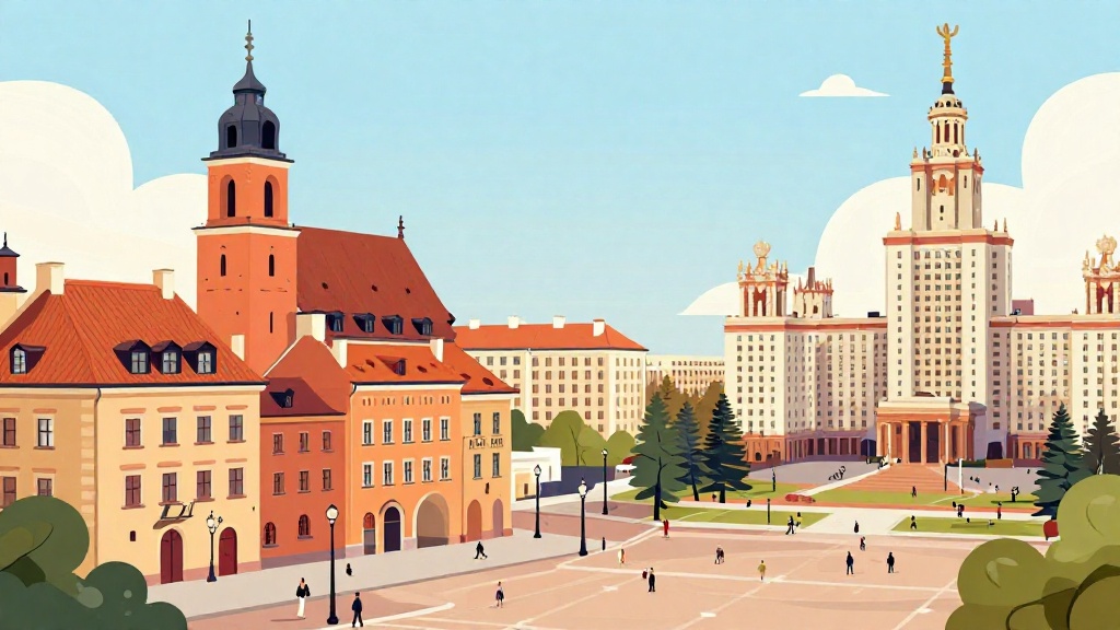 波蘭留學指南:展示波蘭歷史建築與現代大學校園的插圖,包含彩色老城廣場、哥德式教堂及當代校園,暖色調配色,教育主題橫幅設計