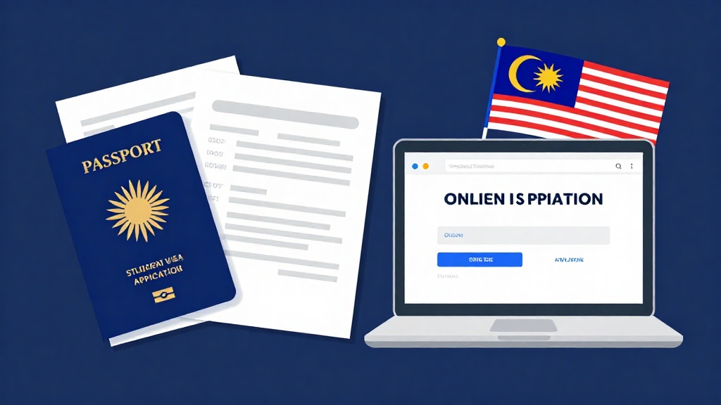 學生簽證申請流程扁平插畫，護照、文件、筆電顯示線上申請介面、馬來西亞國旗，專業色調設計