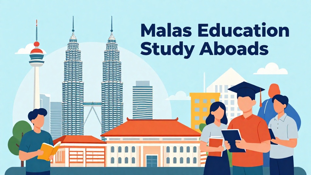 2025馬來西亞留學指南橫幅圖，展示雙峰塔地標、國際學生持書本與畢業帽、多元文化符號，扁平插畫風格