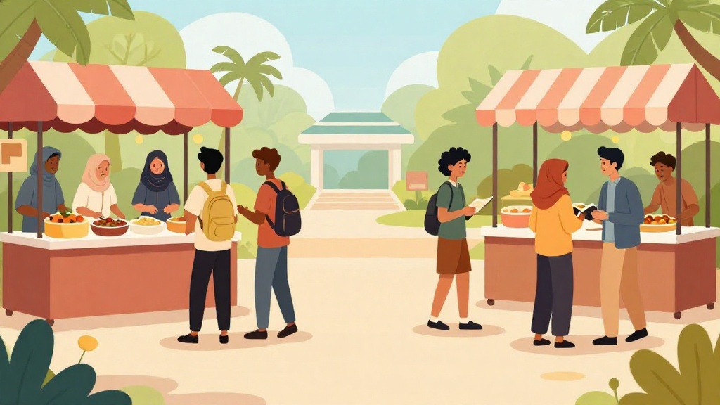 馬來西亞學生生活插畫，多元文化學生共同學習、校園活動、美食攤販、熱帶環境，扁平溫暖色調