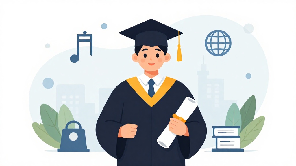 職涯成功插畫,馬來西亞大學畢業生手持文憑,周圍環繞工作機會符號與國際認可標誌,扁平設計樂觀色調