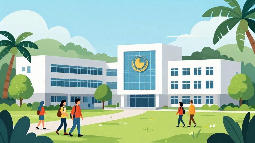 馬來西亞大學校園場景插畫，現代化建築群、多元國際學生行走於熱帶綠意校園中，扁平教育風格