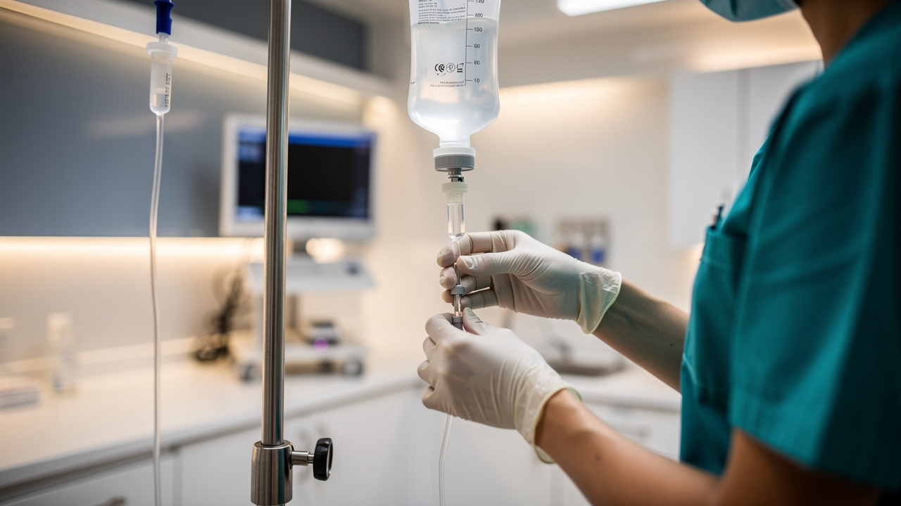 Medical professional preparing NAD IV therapy in clinical environment