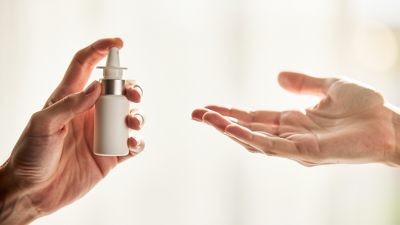 Hands comparing nasal spray convenience versus traditional methods