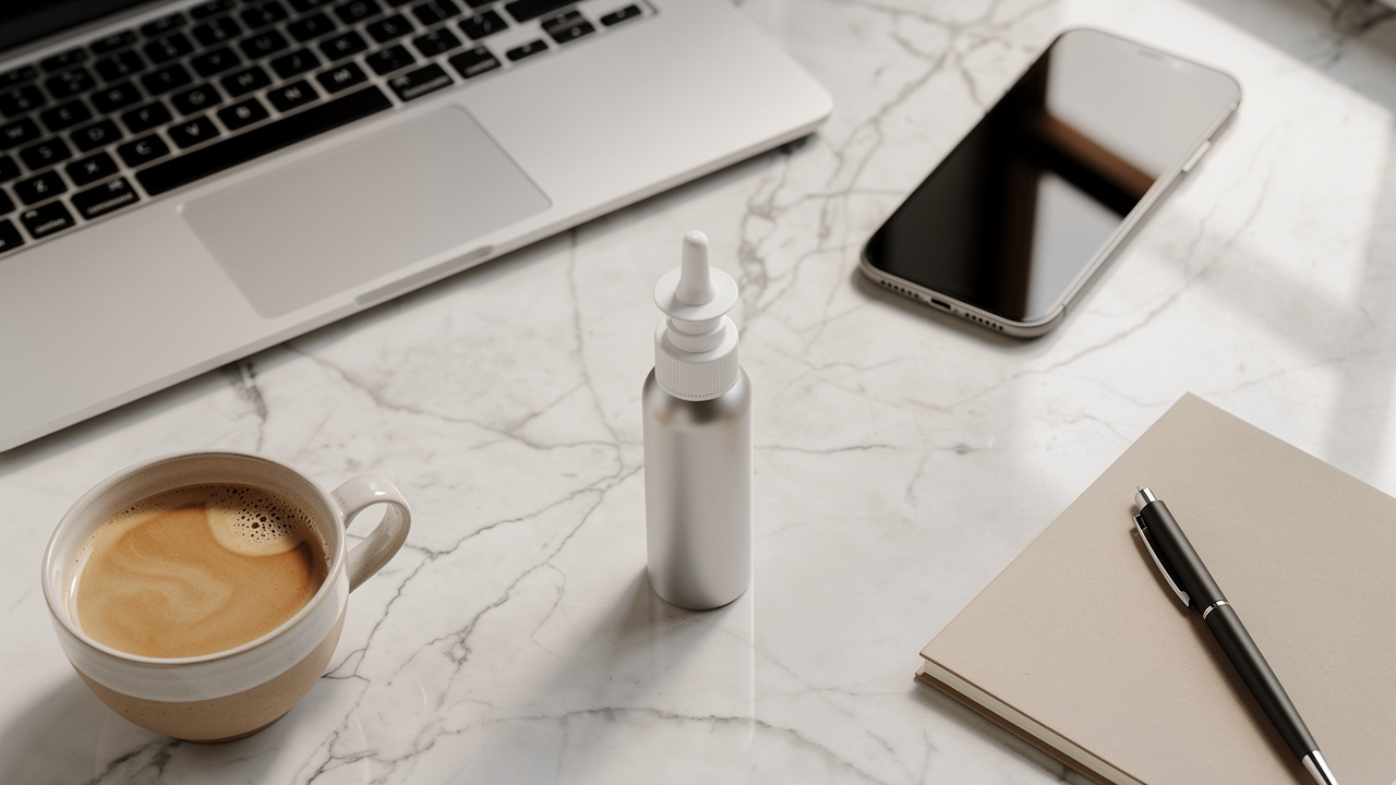 NAD nasal spray on desk with laptop and work essentials