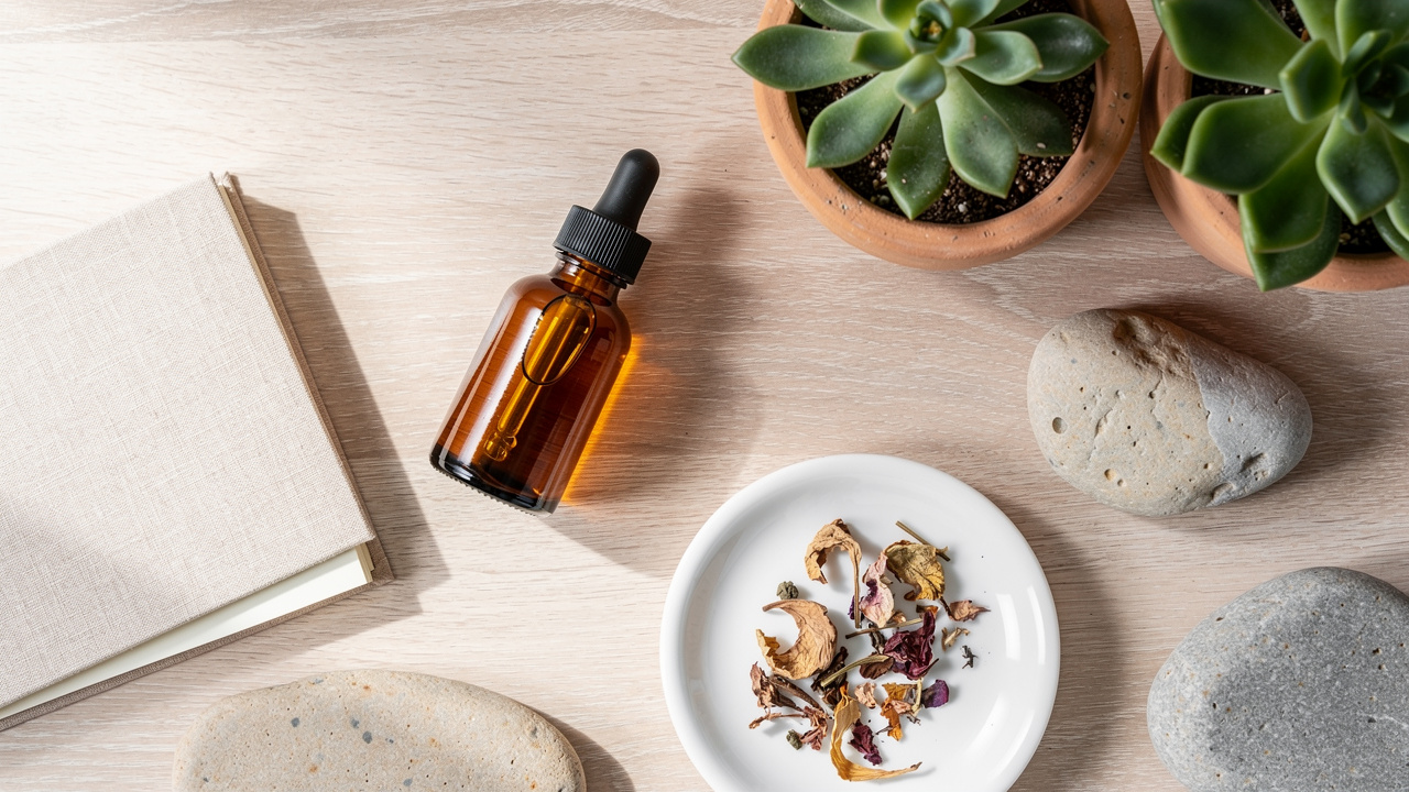 Natural wellness supplements and botanicals arrangement