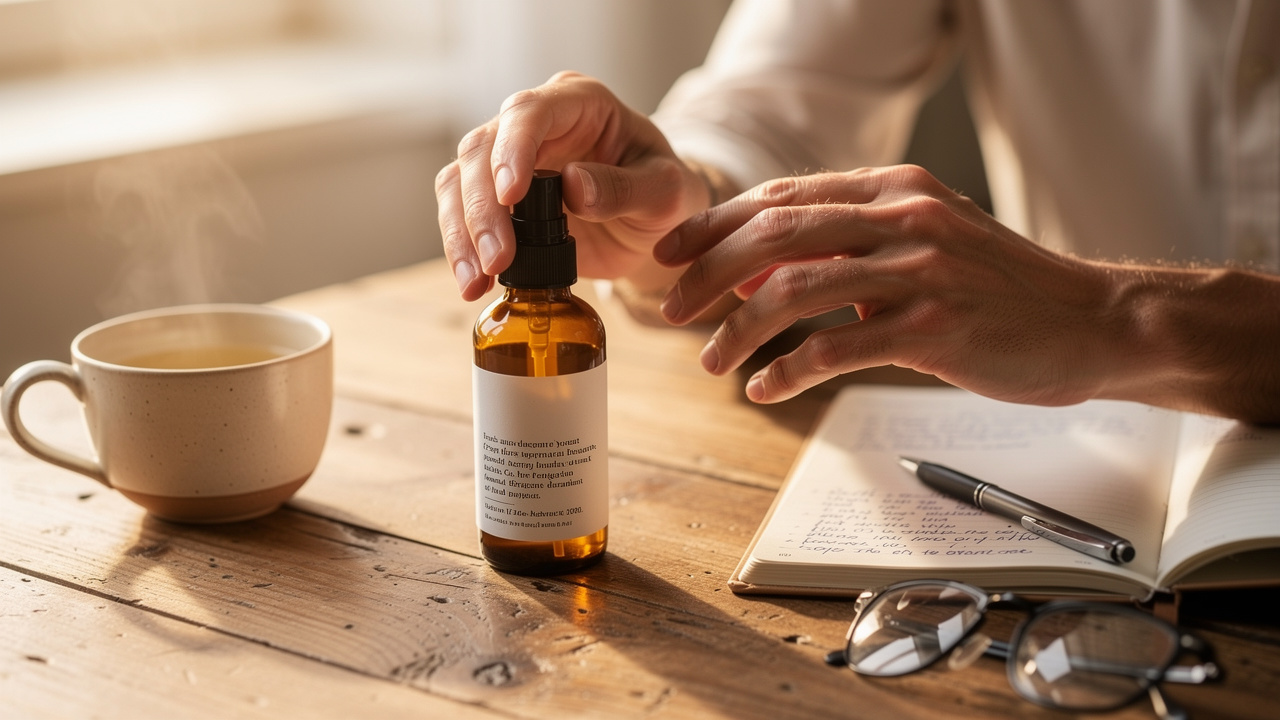 Person carefully reading supplement product information