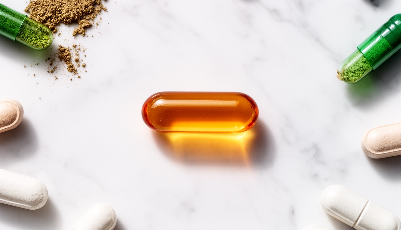 Variety of supplement forms on marble surface