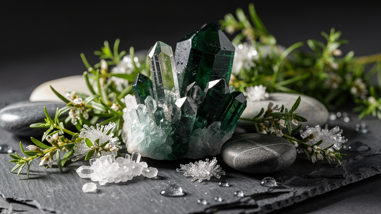 Natural minerals and amino acid crystals arranged together