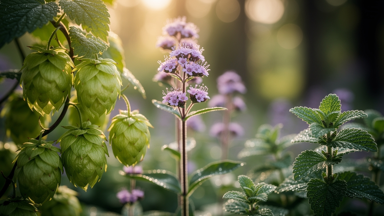 Valerian flowers, hop cones, and lemon balm plants