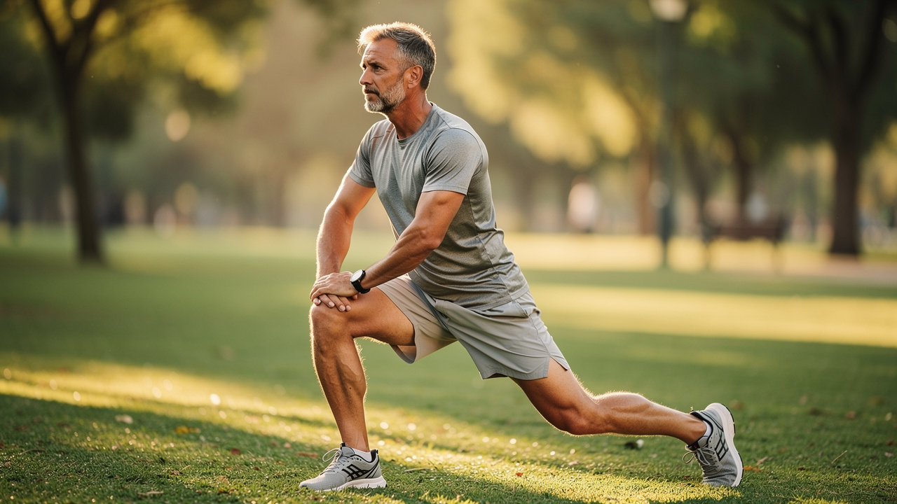 Athletic man stretching comfortably in natural outdoor setting