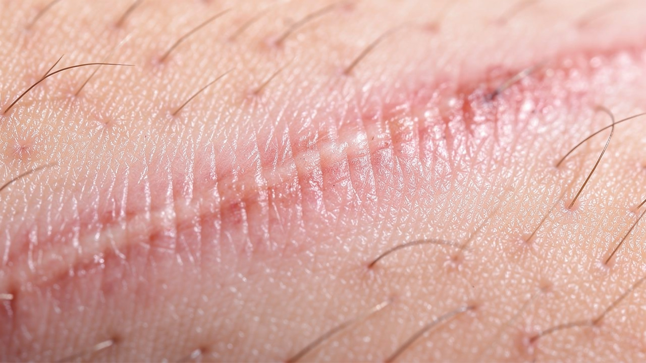 Close-up of healing human skin showing healthy tissue regeneration