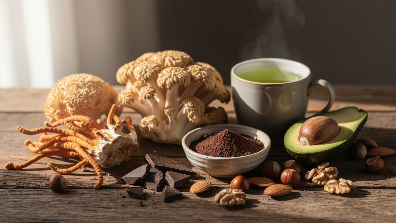 Functional mushrooms with green tea and healthy foods
