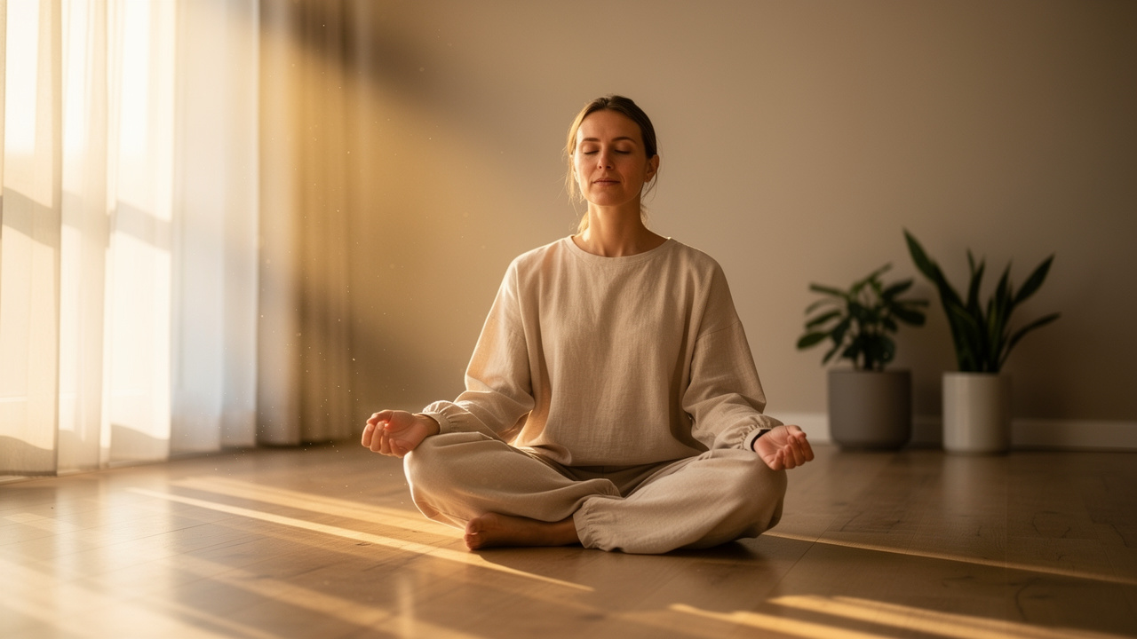 Person meditating peacefully in warm natural sunlight