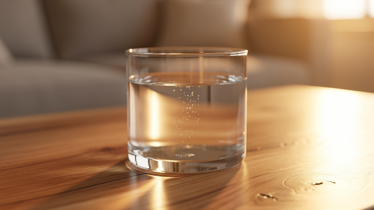 Glass of water on wooden surface in evening light