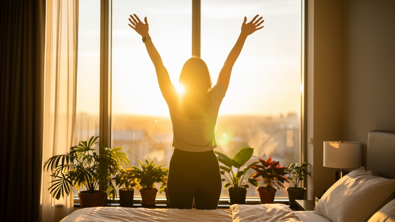 Person stretching energetically by window at sunrise