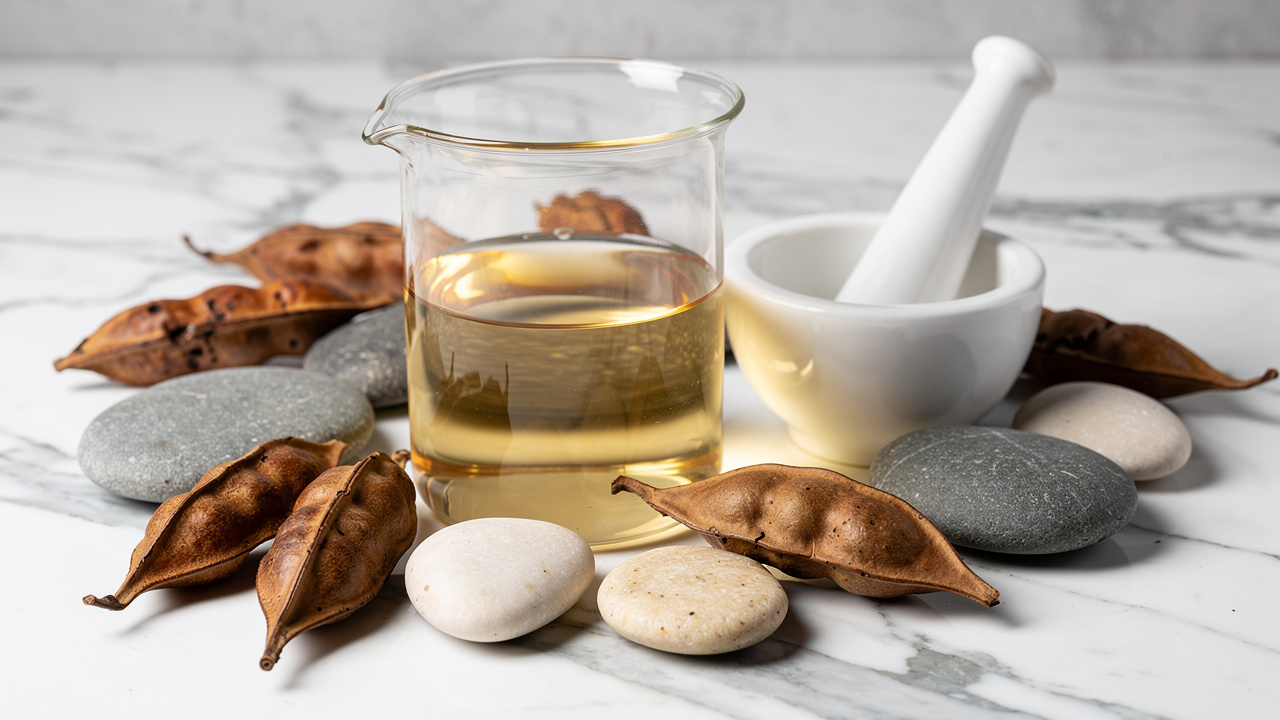 Natural Griffonia simplicifolia seeds and laboratory glassware