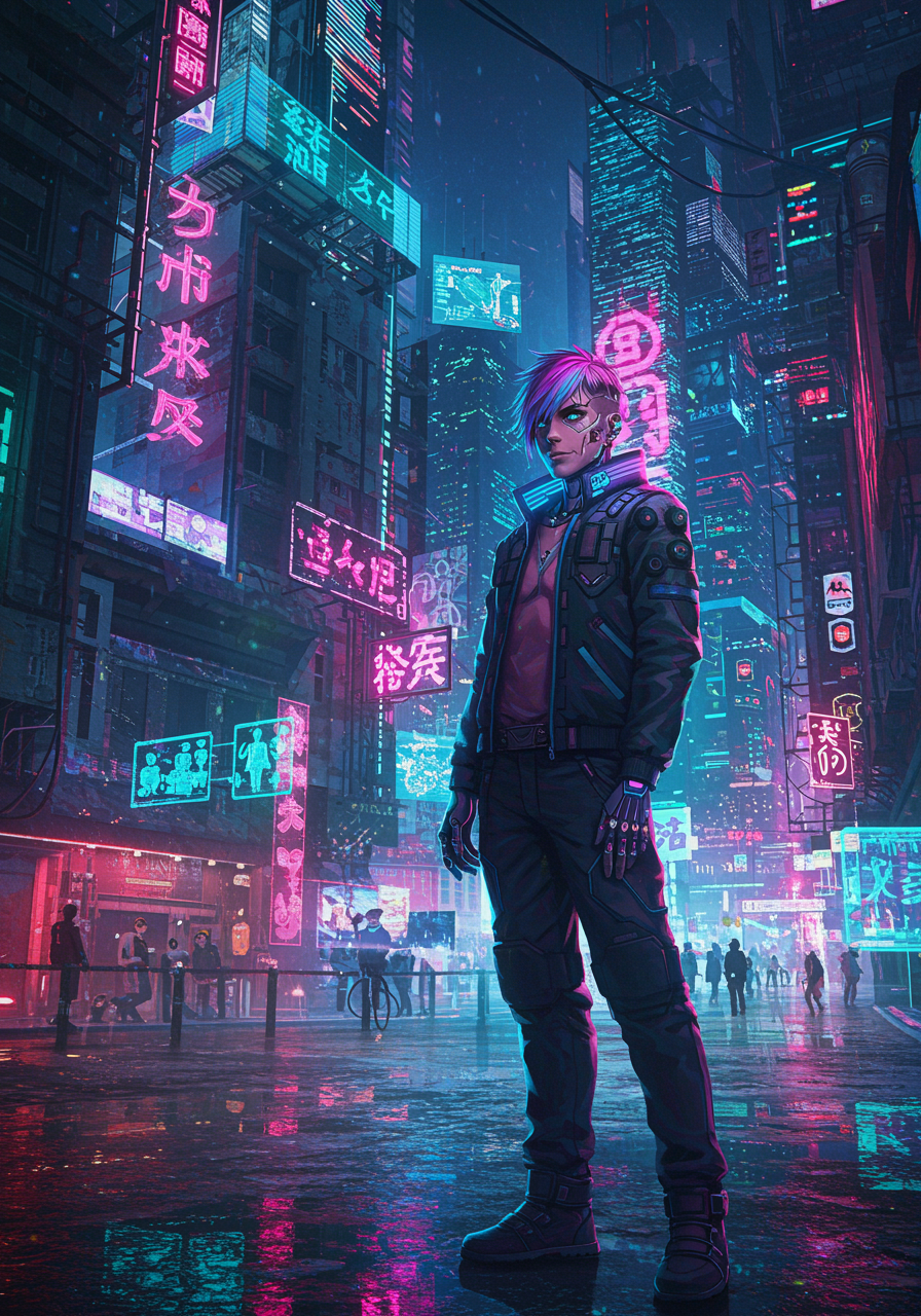 cyberpunk anime game character portrait neon city background