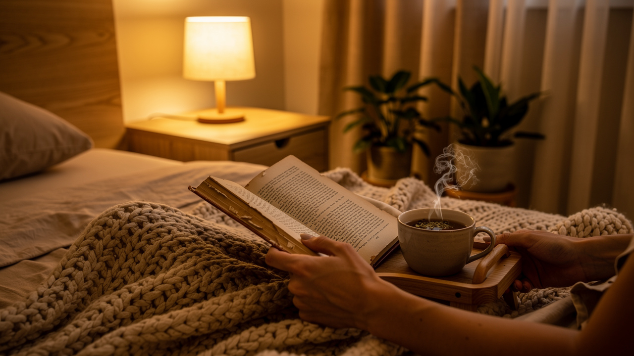 Relaxing evening routine with book and herbal tea